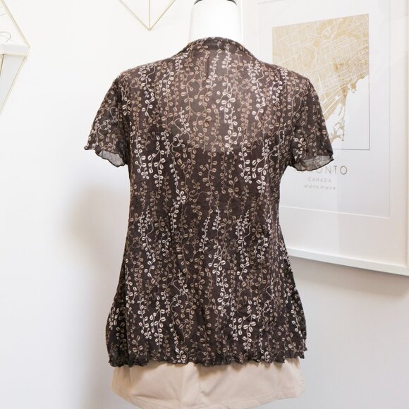 Sheer Brown Floral Short Sleeve Tie Front Blouse ☕️ JAPANESE BRAND - Picture 4 of 6